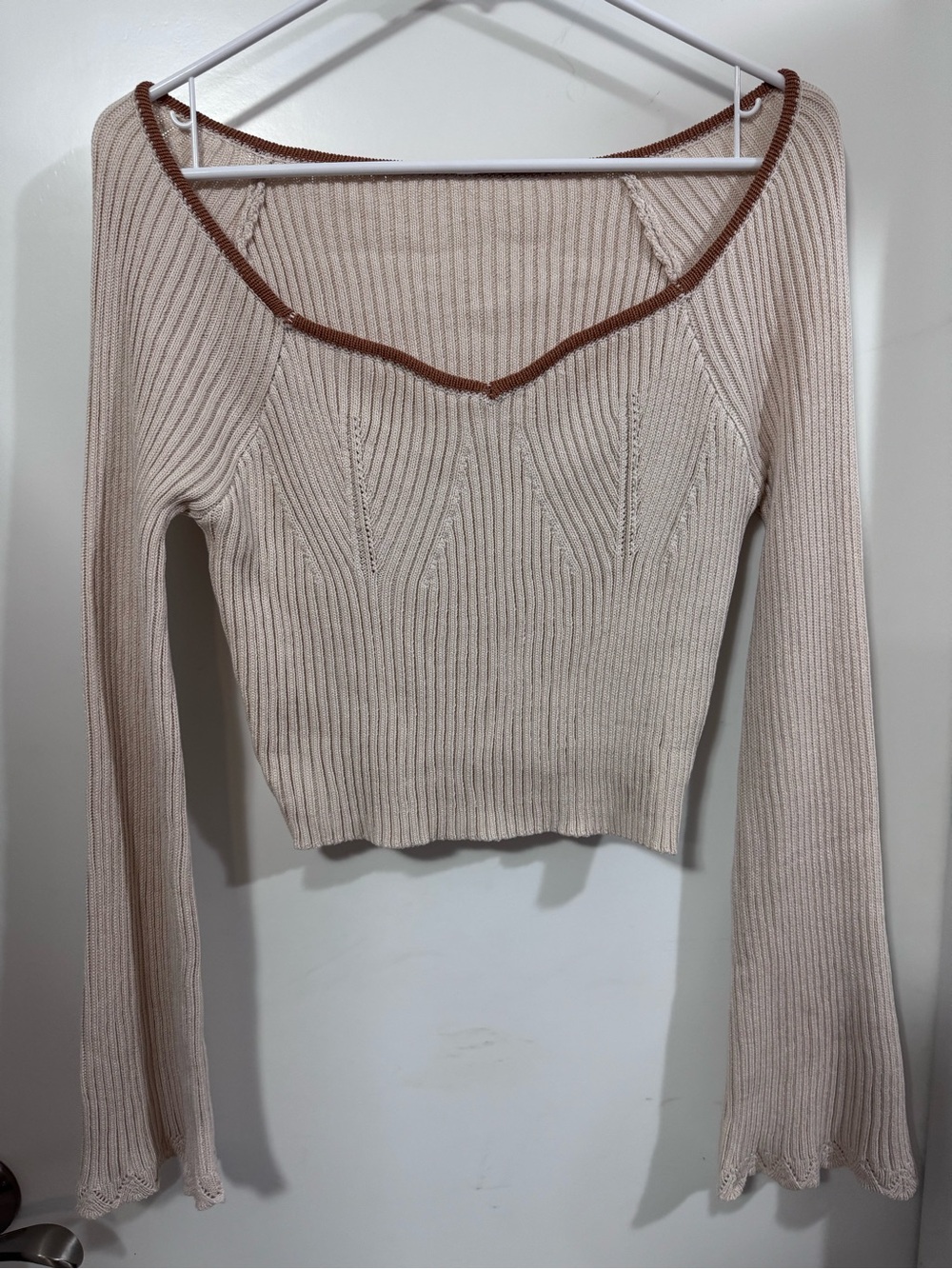 Off-the-Shoulder Ribbed Sweater with Contrast Trim - Cream